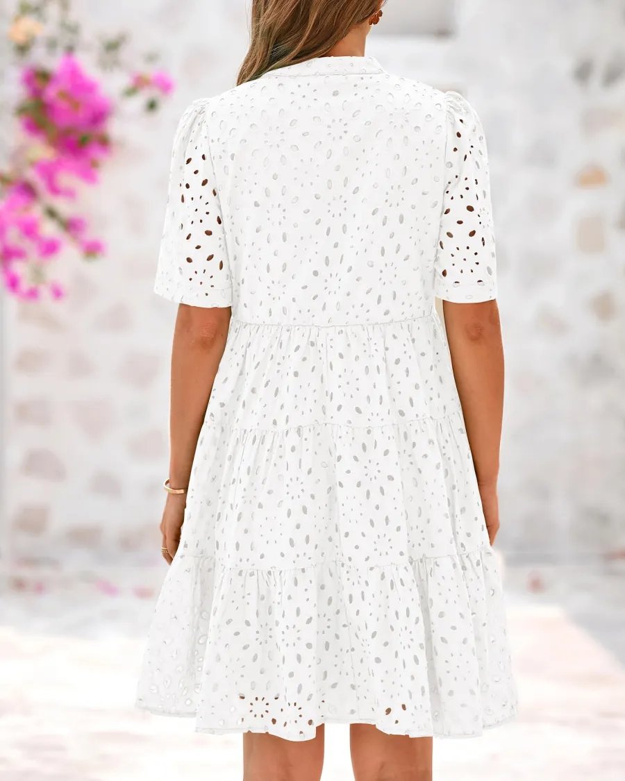 2025 Women's V Neck Short Sleeve Hollow Out Mini Vacation Dress