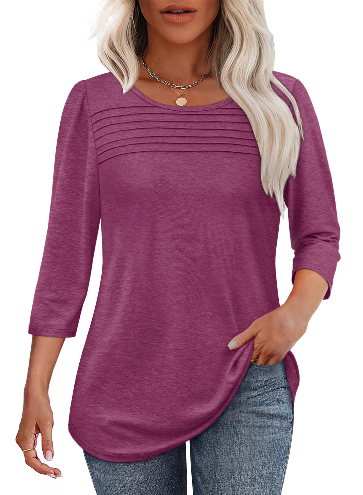 NEW🔥 2025 Women's 3/4 Length Sleeve Top Pleated Front T-Shirt