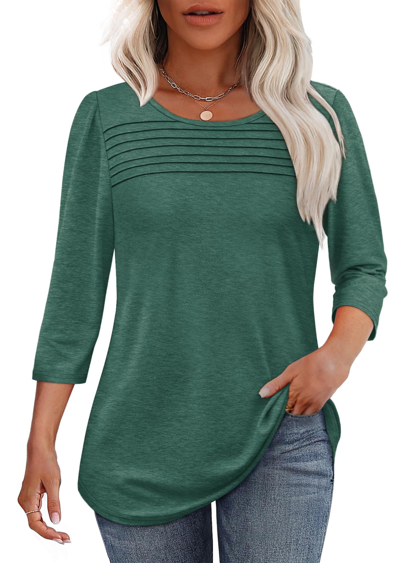NEW🔥 2025 Women's 3/4 Length Sleeve Top Pleated Front T-Shirt