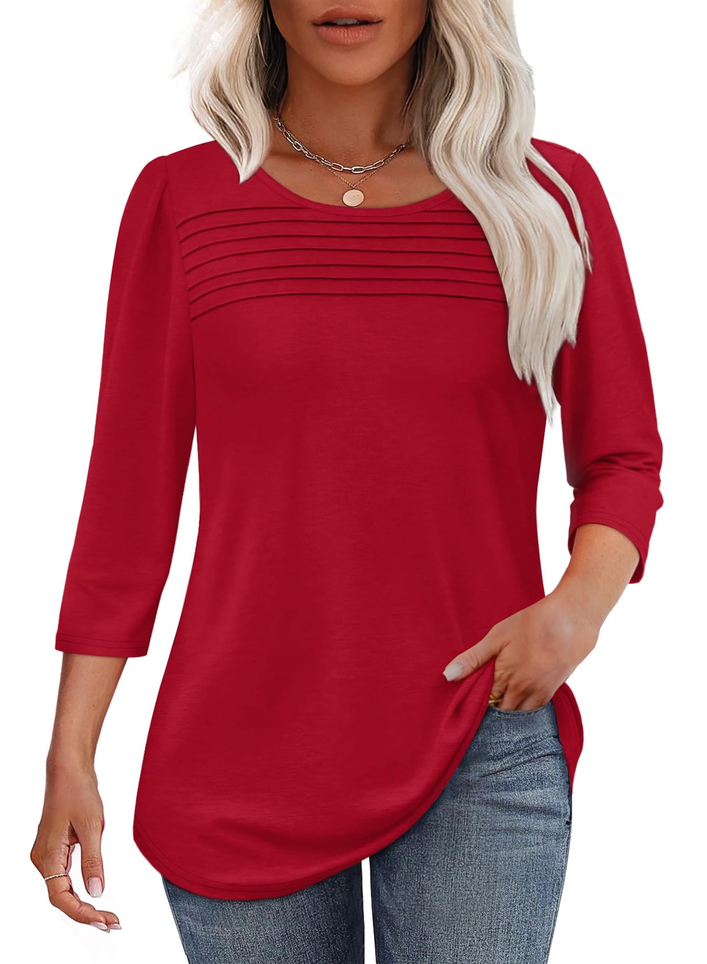 NEW🔥 2025 Women's 3/4 Length Sleeve Top Pleated Front T-Shirt