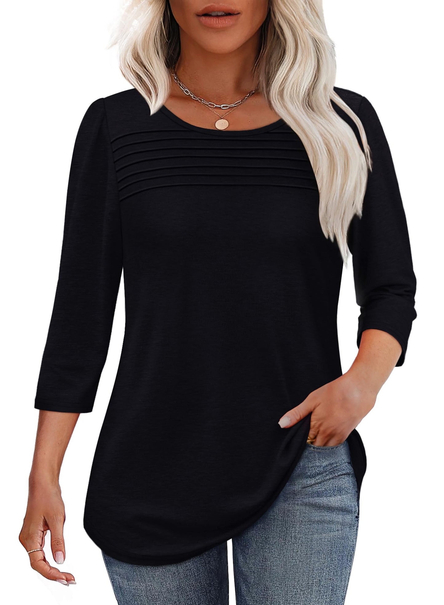 NEW🔥 2025 Women's 3/4 Length Sleeve Top Pleated Front T-Shirt
