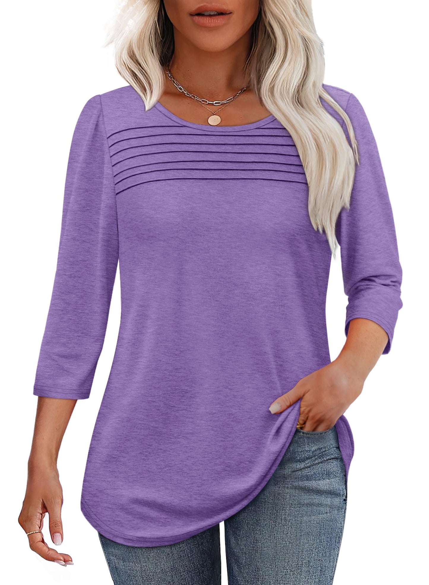 NEW🔥 2025 Women's 3/4 Length Sleeve Top Pleated Front T-Shirt