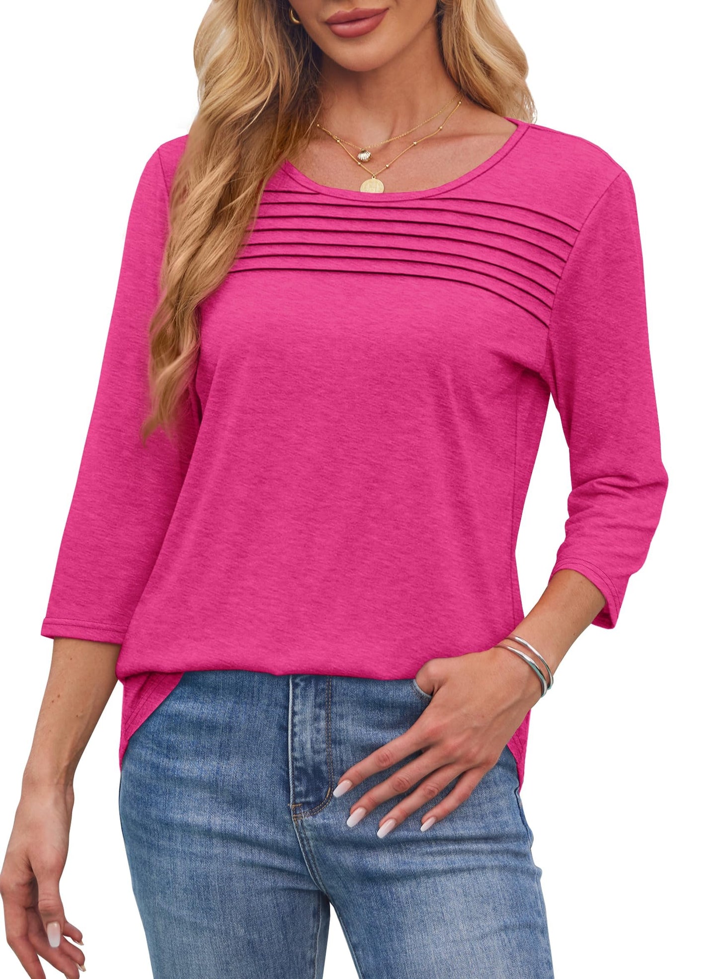 NEW🔥 2025 Women's 3/4 Length Sleeve Top Pleated Front T-Shirt