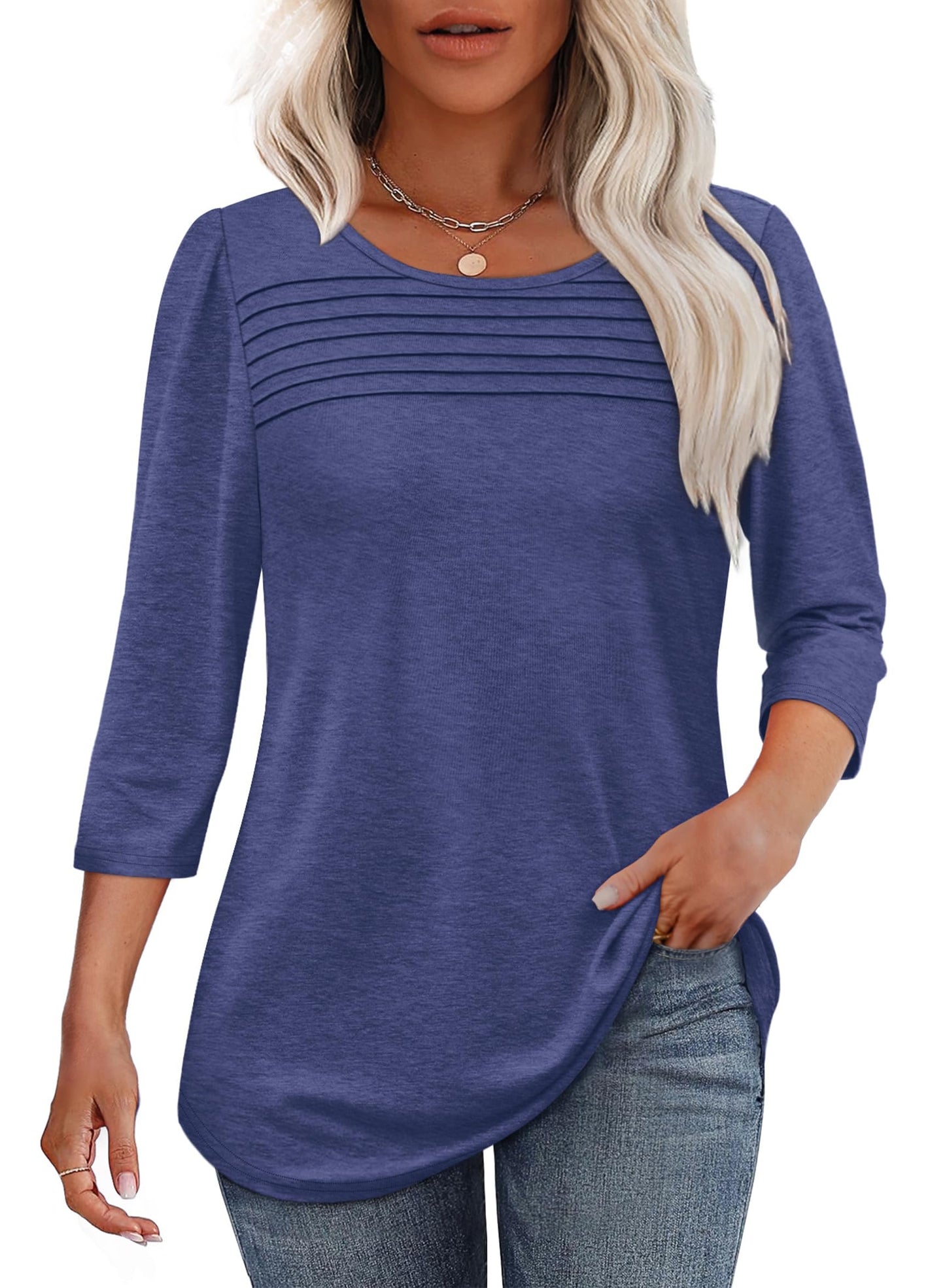 NEW🔥 2025 Women's 3/4 Length Sleeve Top Pleated Front T-Shirt