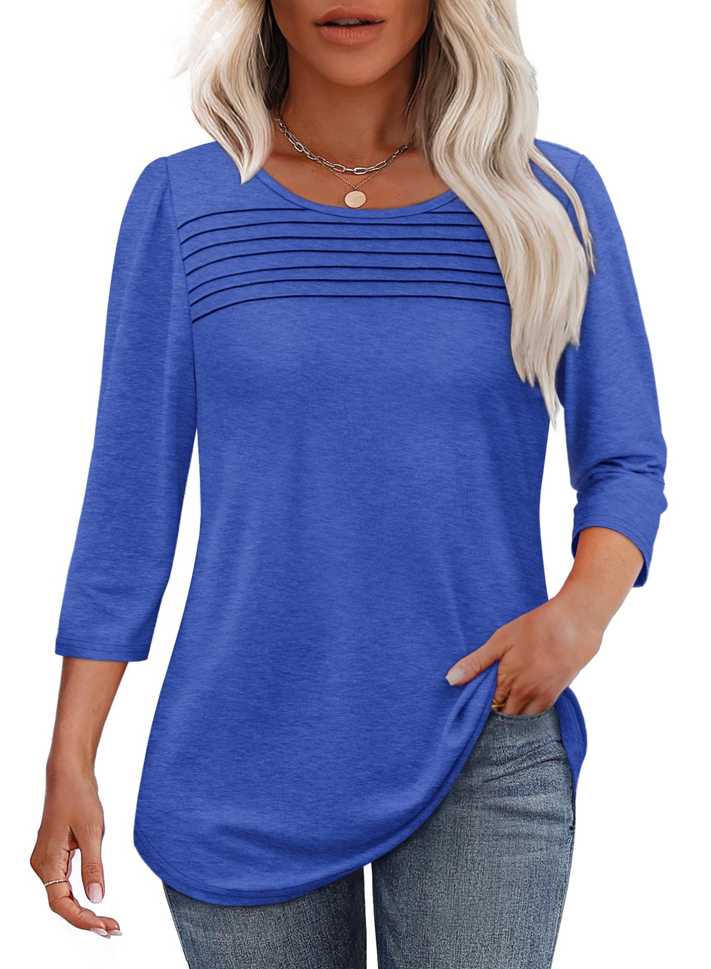 NEW🔥 2025 Women's 3/4 Length Sleeve Top Pleated Front T-Shirt