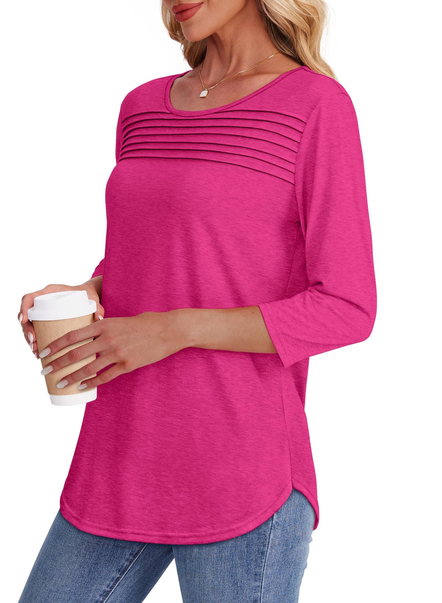 NEW🔥 2025 Women's 3/4 Length Sleeve Top Pleated Front T-Shirt
